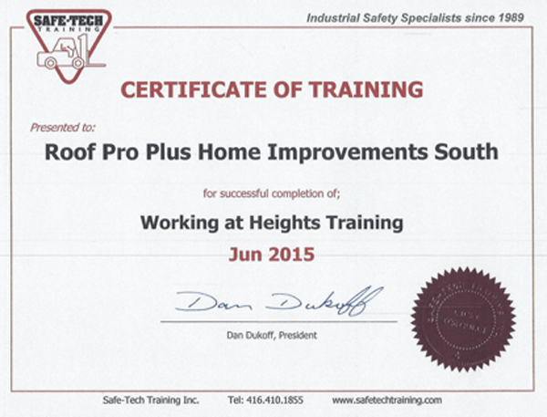 Roofers at Roof Pro Plus are all ‘Working at Heights’ trained
